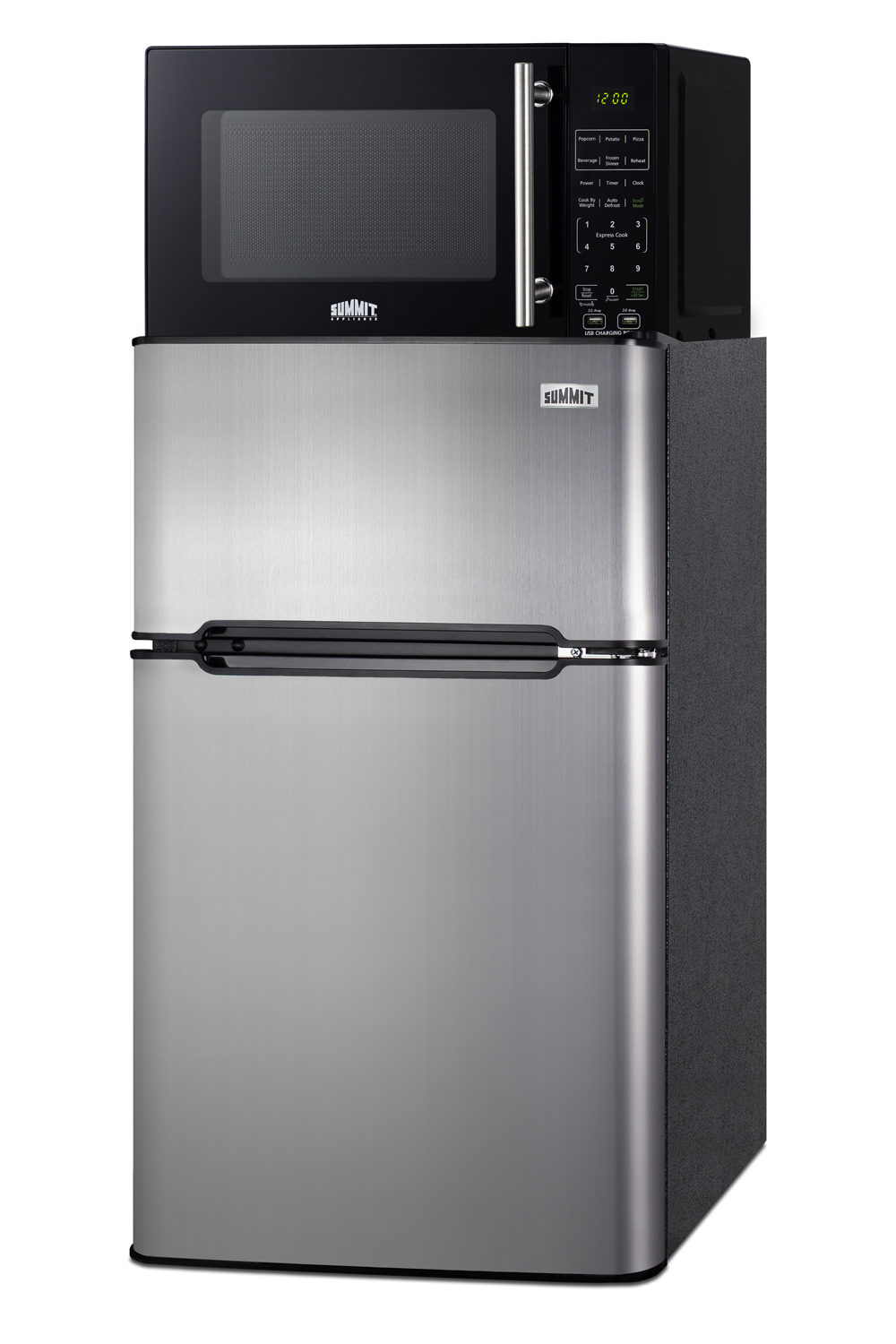 2-door refrigerator-freezer in stainless steel and compact microwave in black with allocator and USB ports for 1-plug operation; ships in three boxes on one pallet
